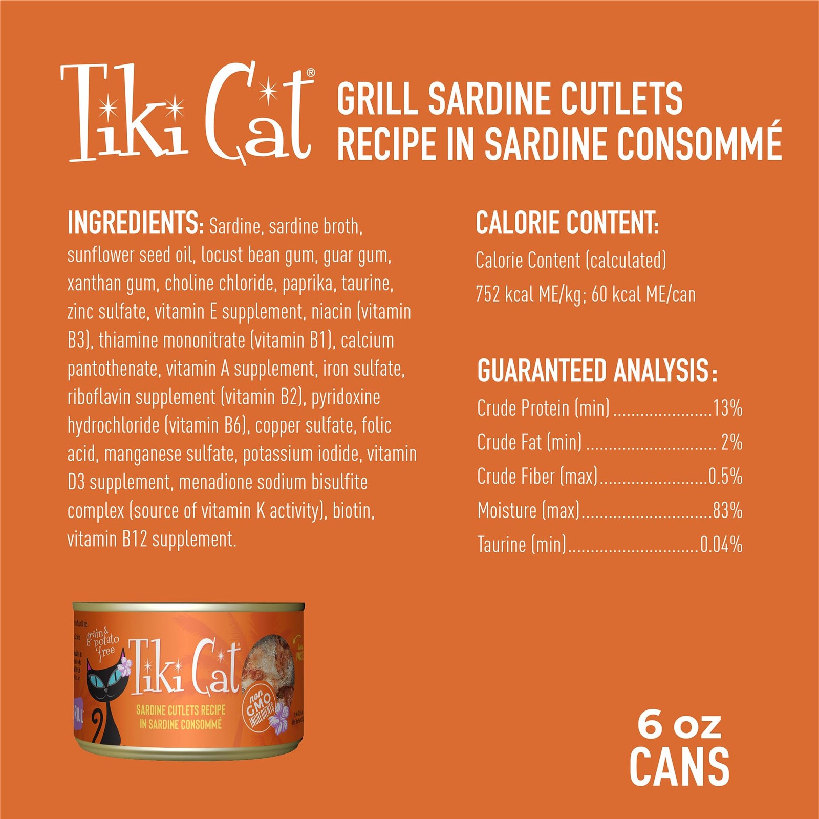 Tiki Pets Tiki Cat Grill Wet Cat Food Sardine Cutlets 6 Oz. Cans 8 Count 10750