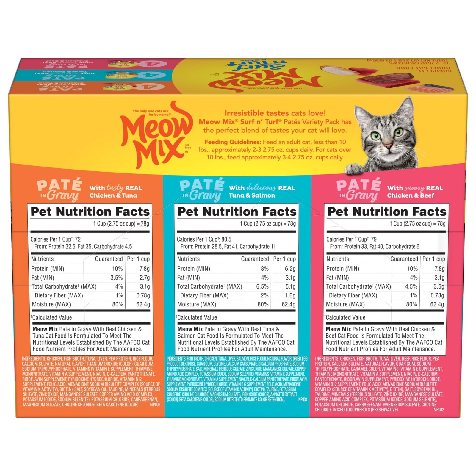 Meow Mix Pate in Gravy Surf n’ Turf Pates, Wet Cat Food, 2.75 oz Cup, 12 Pack