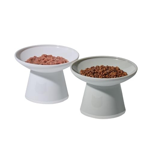 Necoichi 2pcs Extra-Wide Elevated Cat Food Bowls – BPA Gray and White (Classic)