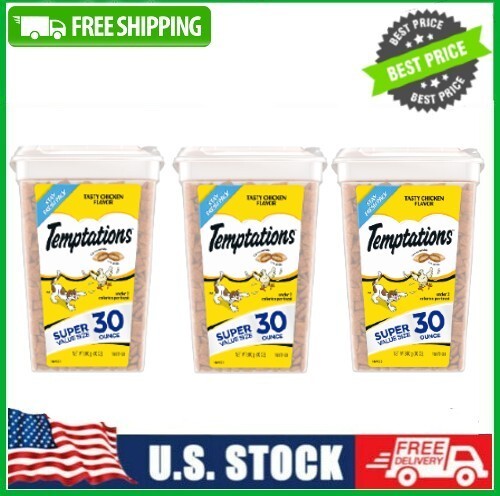 3 Tub TEMPTATIONS Classic Crunchy and Soft Cat Treats Tasty Chicken Flavor 30 oz