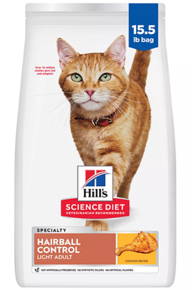 Hill’s Science Diet Adult 1-6 Hairball Control Light Dry Cat Food,Chicken,15.5lb