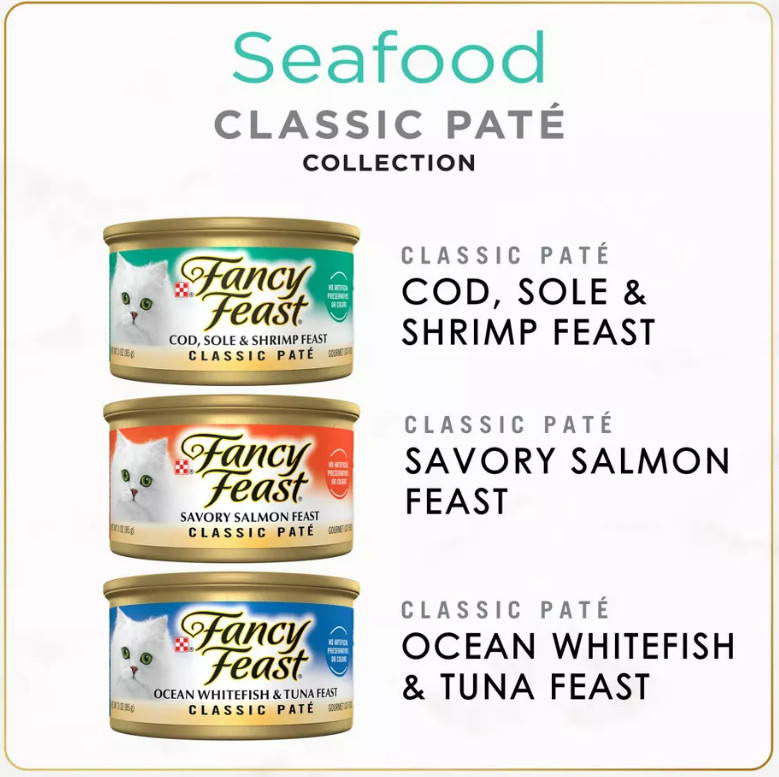 Purina Fancy Feast Seafood Paté Variety Pack Tuna, Salmon, Fish & Shrimp – 30ct