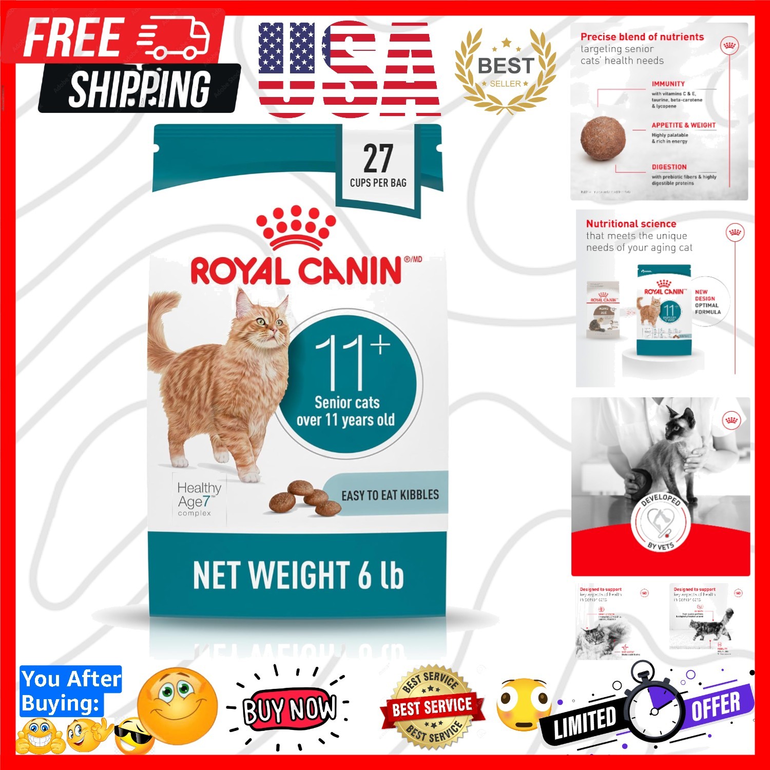 Feline Health Nutrition Aging 11+ Dry Cat Food for Seniors, Kibble Rich in En…