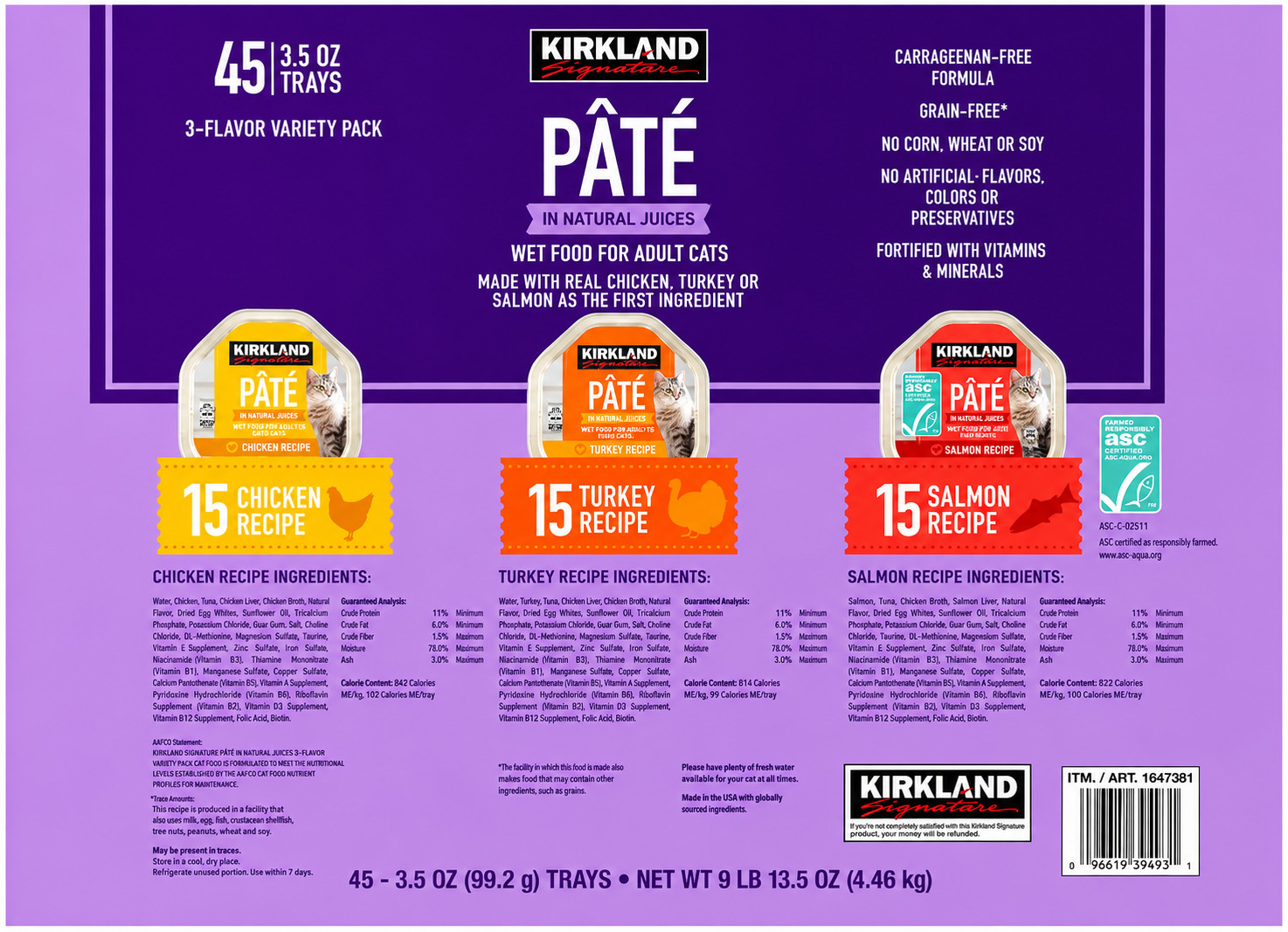 Kirkland Pate Wet Cat Food – 3 Flavor Variety Pack – 45 individual Trays 3.5 OZ