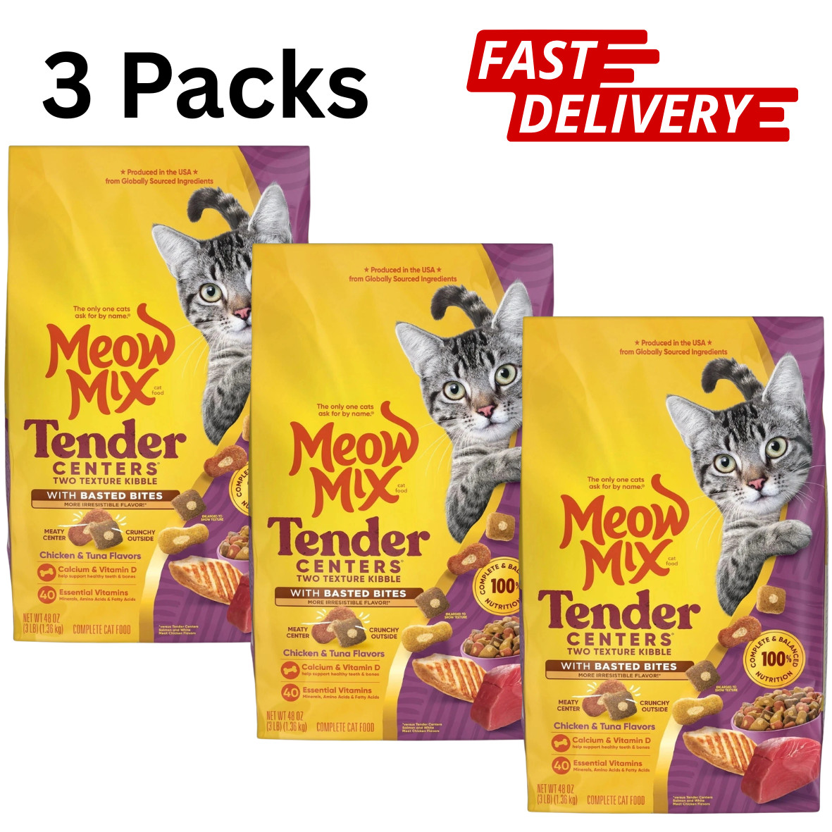 Meow Mix Tender Centers Chicken & Tuna Dry Cat Food, 3 lb Bag – 3 pack