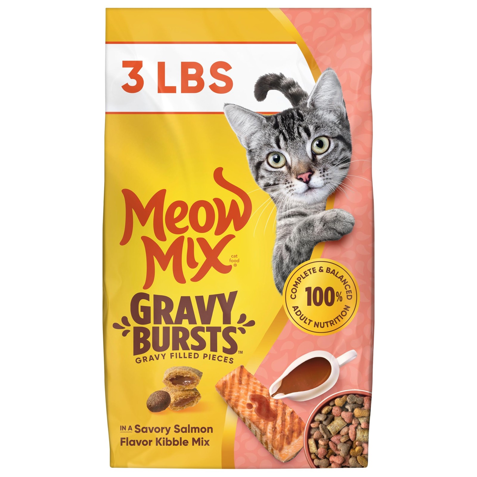 Meow Mix Gravy Bursts, Savory Salmon Flavor Kibble Mix, 3 Pound (Pack of 1)