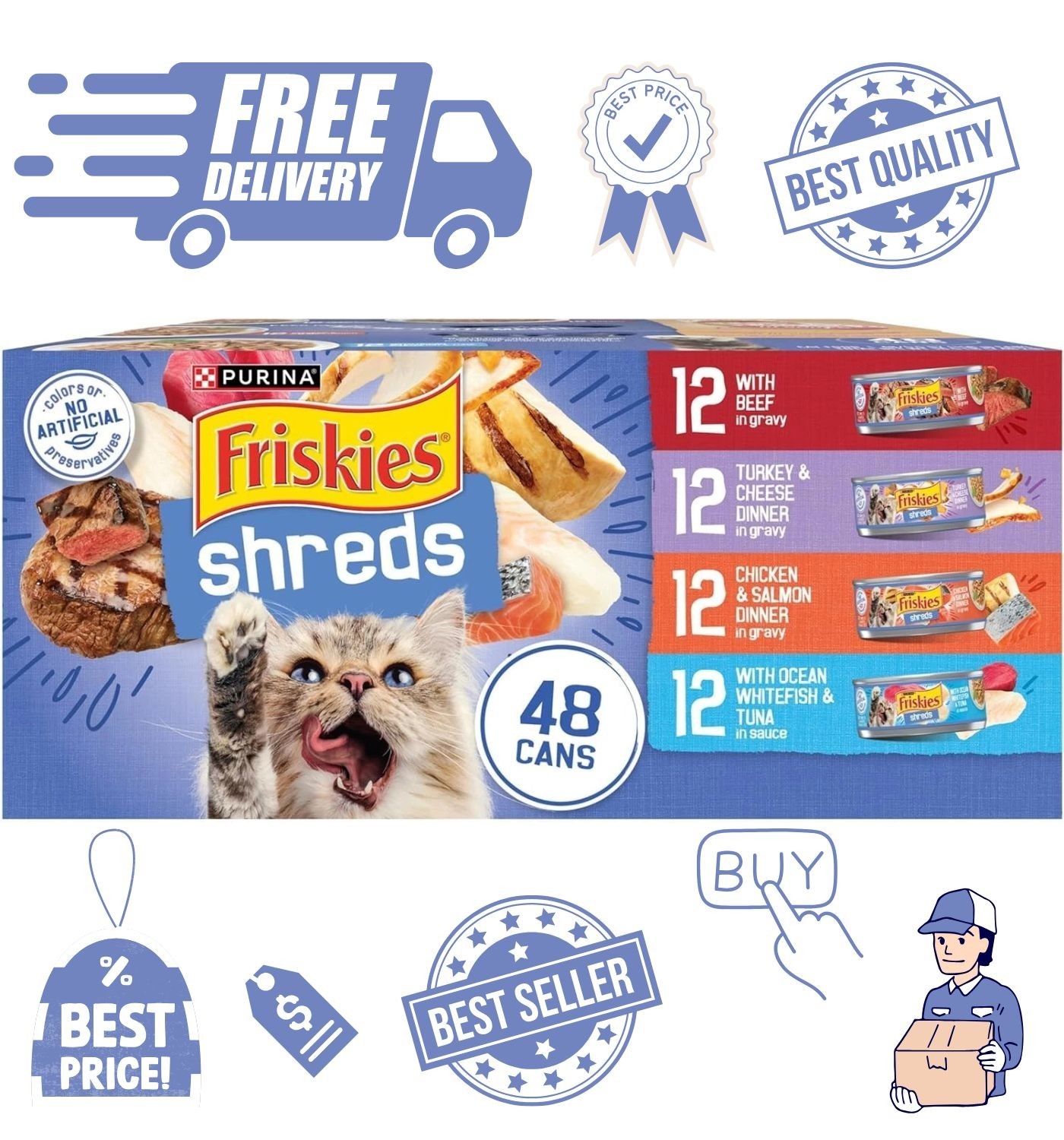 Purina Friskies Shreds Gravy Variety Pack, Wet Cat Food, 5.5 oz Cans (48 Count)