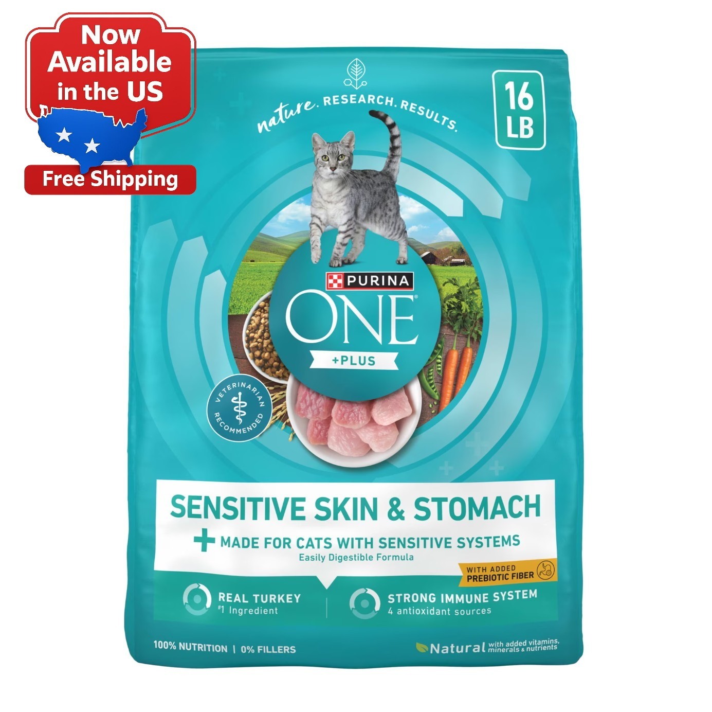 Purina ONE Plus, Sensitive Skin & Stomach, Dry Cat Food, Turkey, 16 lb Bag