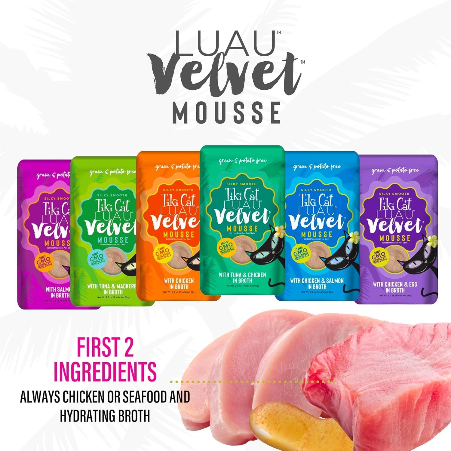 High Protein Tiki Cat Velvet Mousse for All Life Stages – 2.8oz Pouches, 12 Pack