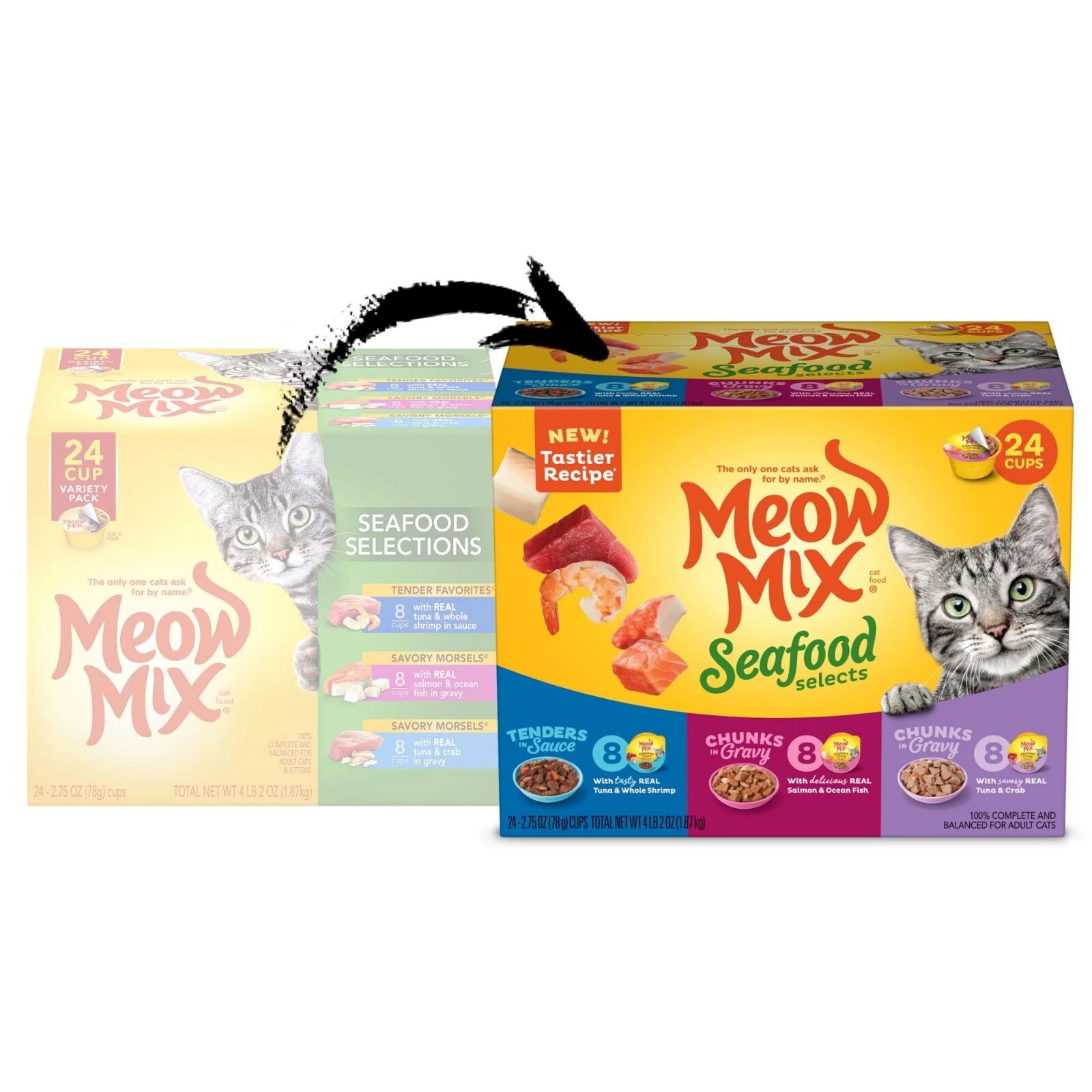 3 PACK x 24 Cups Meow Mix Seafood Selections Variety Pack Wet Cat Food