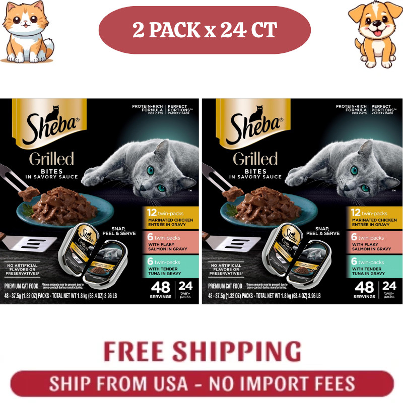 2 PACK Sheba Perfect Portions Adult Wet Cat Food Grilled Bites In Sauce, 24 CT