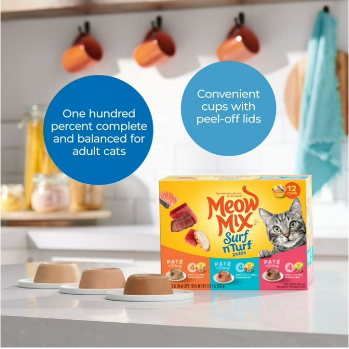 5 PACK Meow Mix Pate in Gravy Surf n’ Turf Pates Variety Wet Cat Food, 2.75 oz