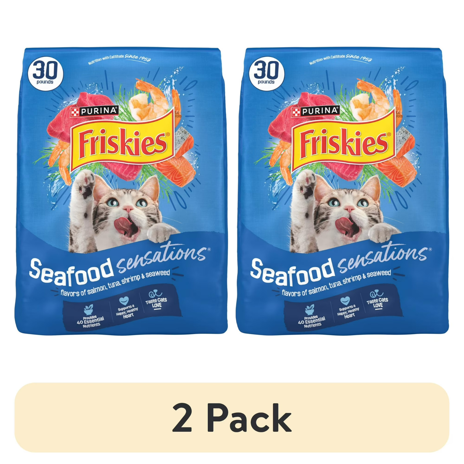 2P Purina Friskies Dry Cat Food Seafood Sensations (Salmon Tuna Shrimp) 30lb Bag