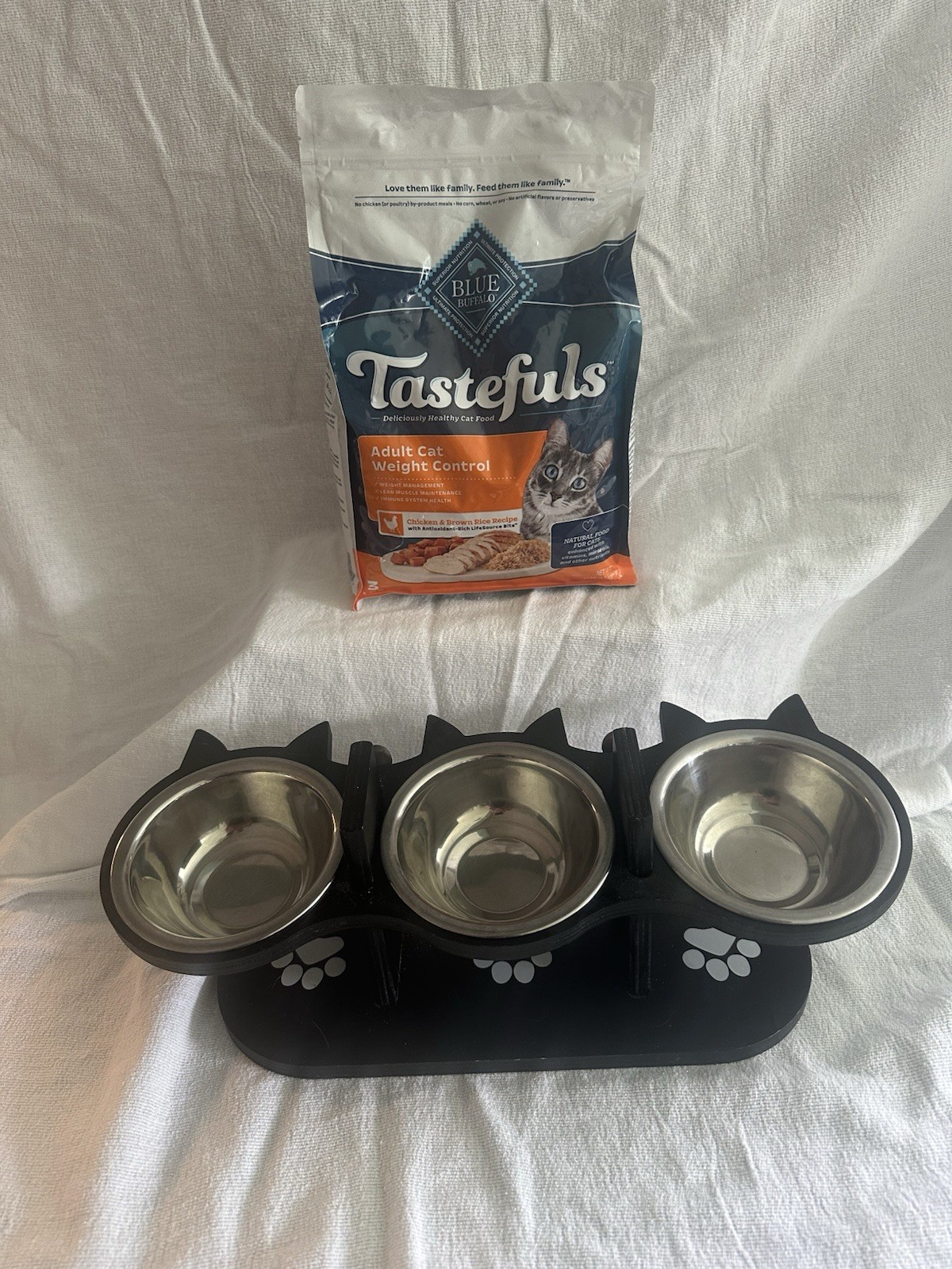 Tastefuls 3 lbs Bag (New) and Triple Raised Cat Bowl Stand Used