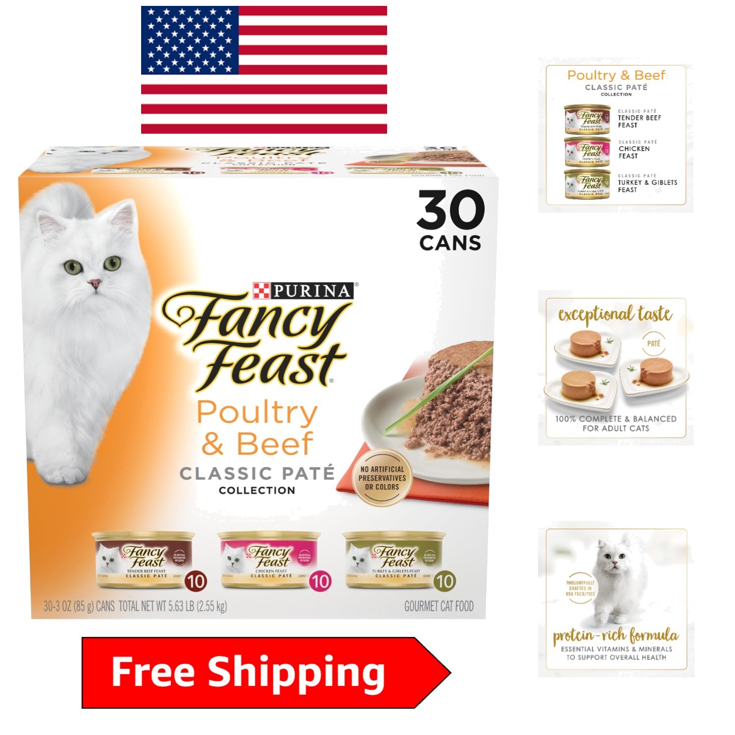 Gourmet Grain-Free Pate Cat Food Variety Pack – 30 Cans of Beef, Chicken, Turkey