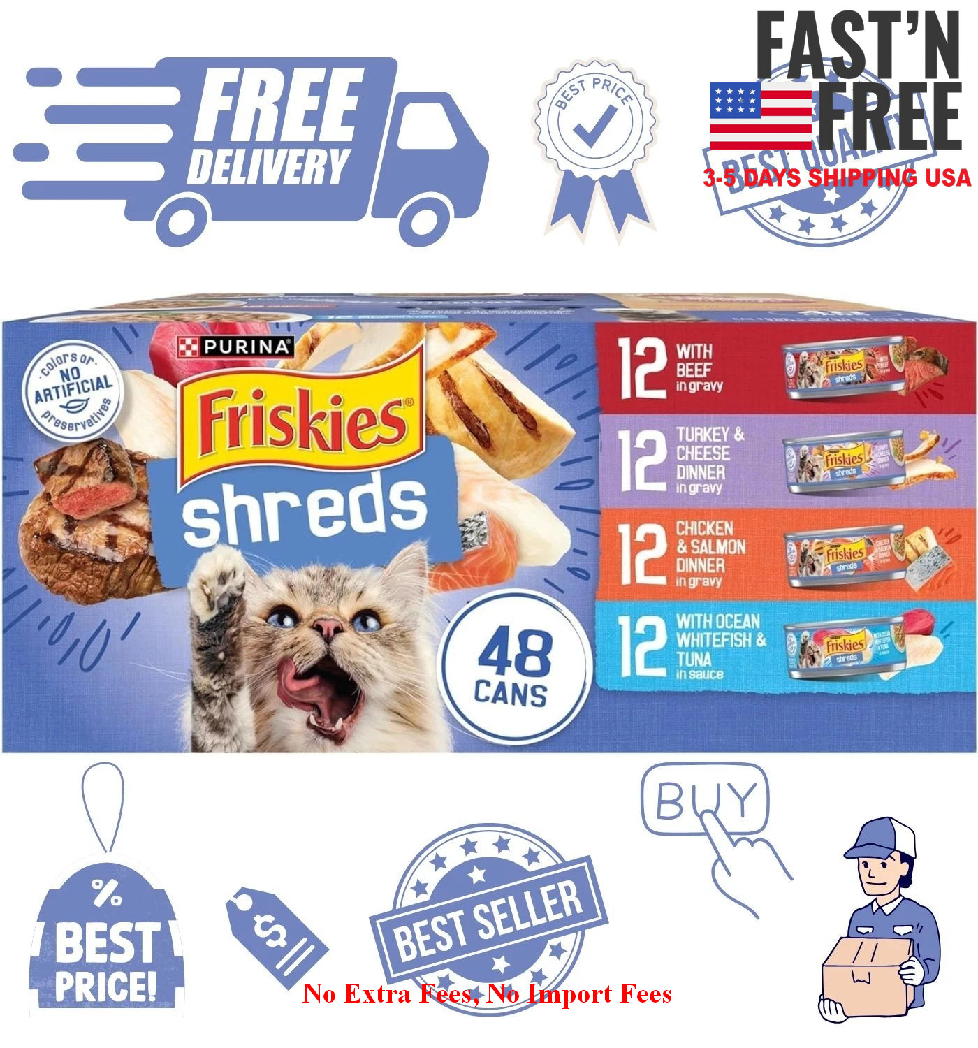 Purina Friskies Shreds Gravy Variety Pack, Wet Cat Food, 5.5 oz Cans (48 Count)