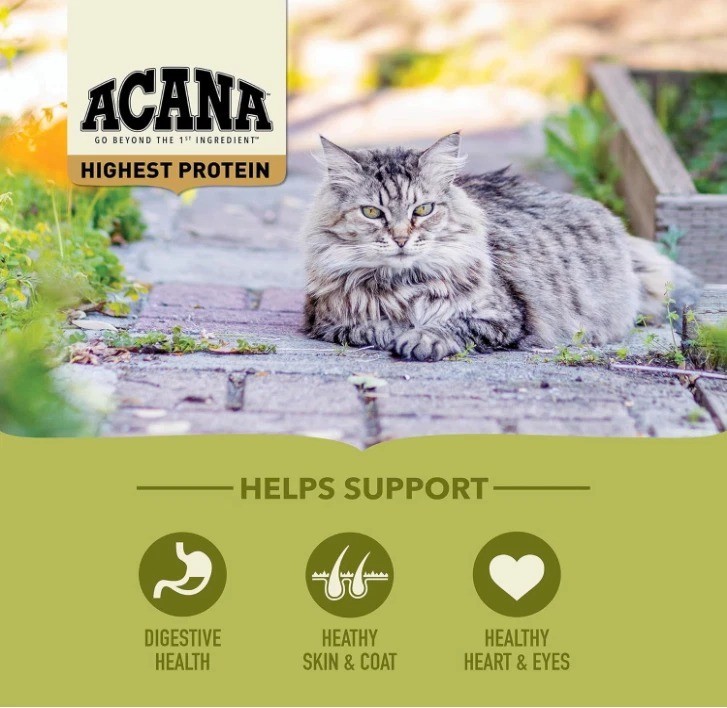 ACANA Highest Protein Grasslands Dry Cat Food, Chicken Duck Turkey Fish,. 10-lb