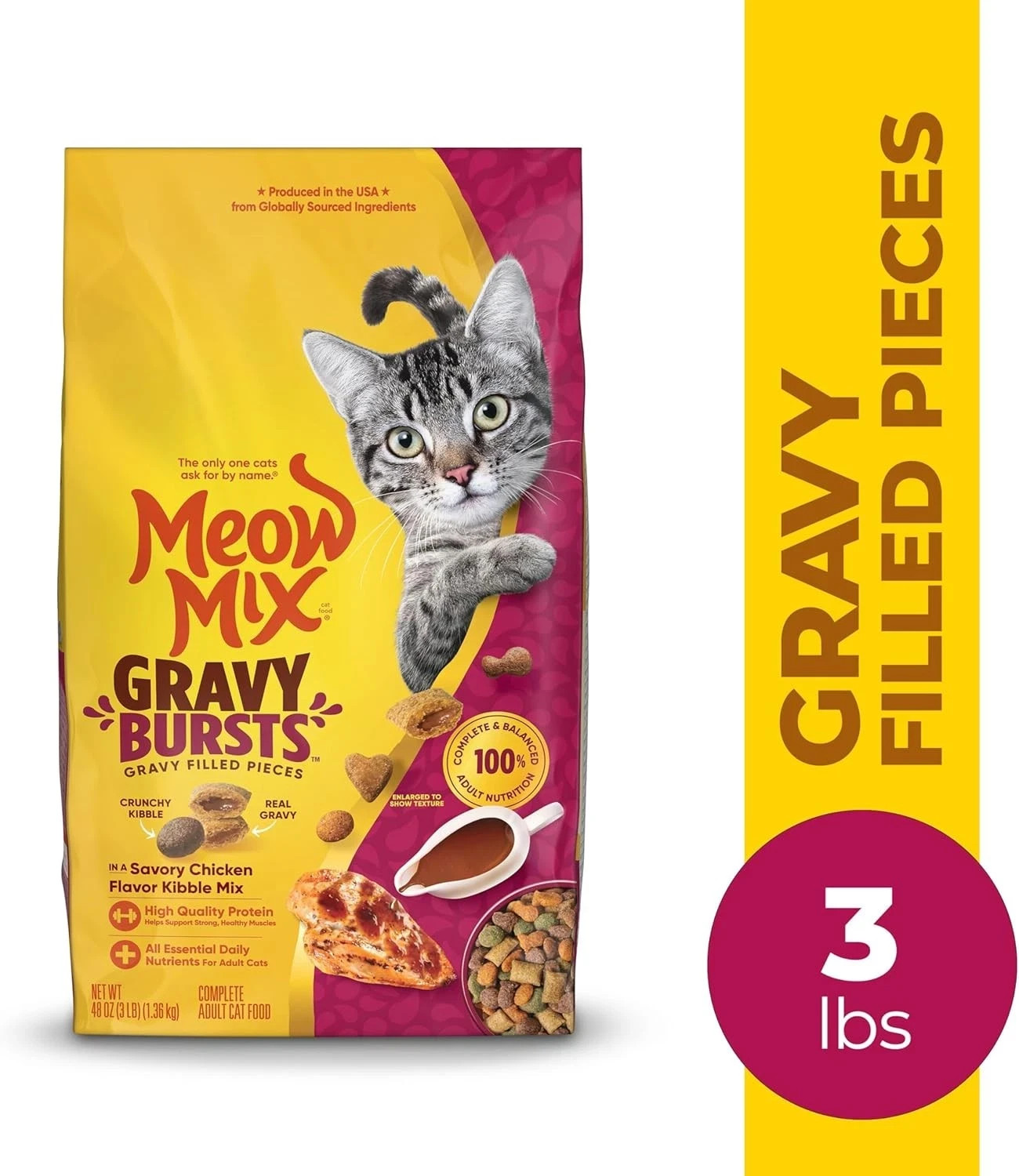 Meow Mix Gravy Bursts Dry Cat Food, Chicken, 3 LB Bag 3 Pound (Pack of 1)