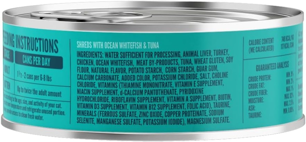 Easily Digestible Shredded Cat Food with Ocean Whitefish & Tuna – 5.5oz, 24 Cans