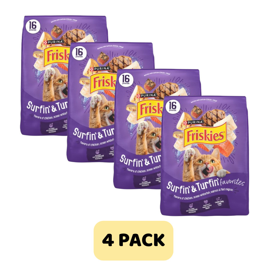 (4 Pack) Friskies Surfin’ & Turfin’ Favorites Dry Cat Food, 16 lb each Bag