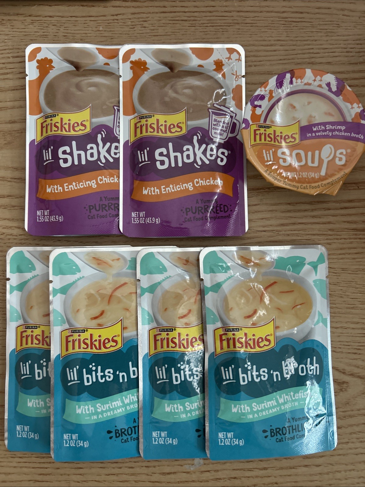 😻New 7pc Friskies Cat Food Topper Treats Lil’ Shakes Bits N Broth Chicken Fish