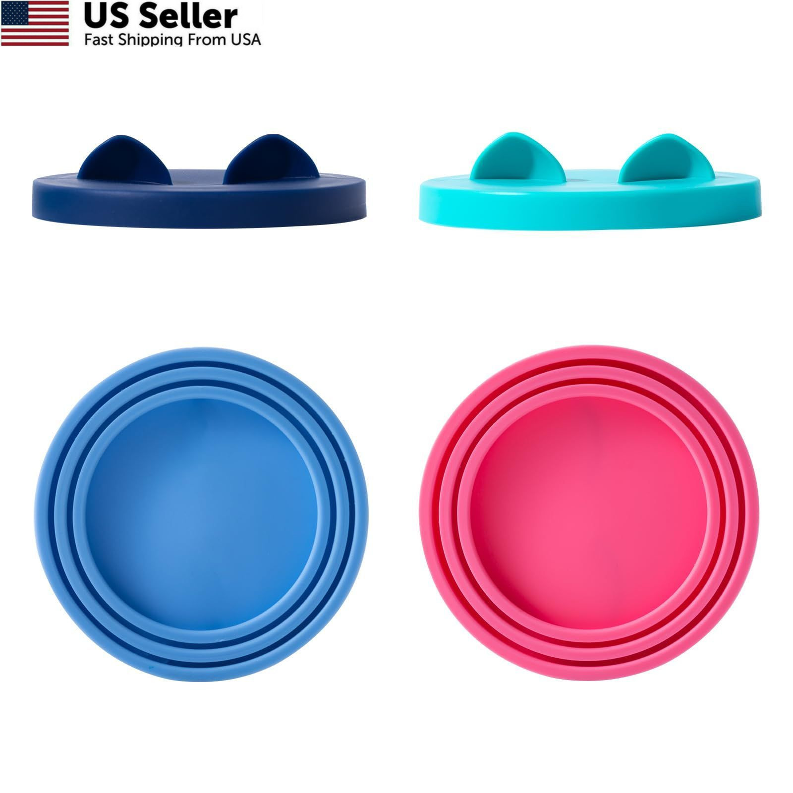 4Pack Cat Food Can Cover Lids Cute Pet Ears Green,Pink,Blue,and Dark Blue