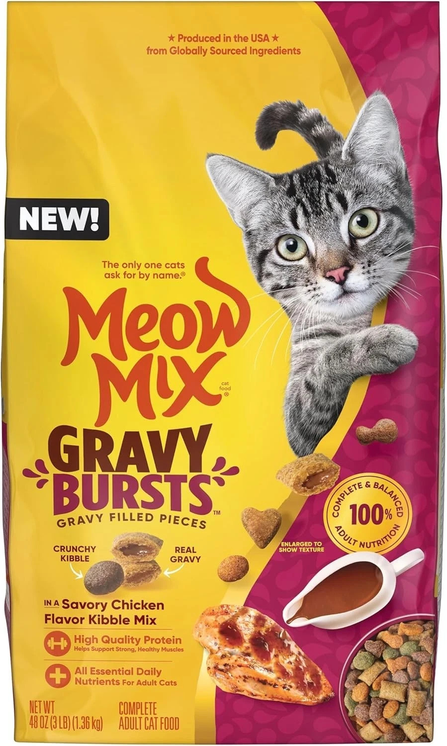 Meow Mix Gravy Bursts Dry Cat Food, Chicken, 3 LB Bag 3 Pound (Pack of 1)