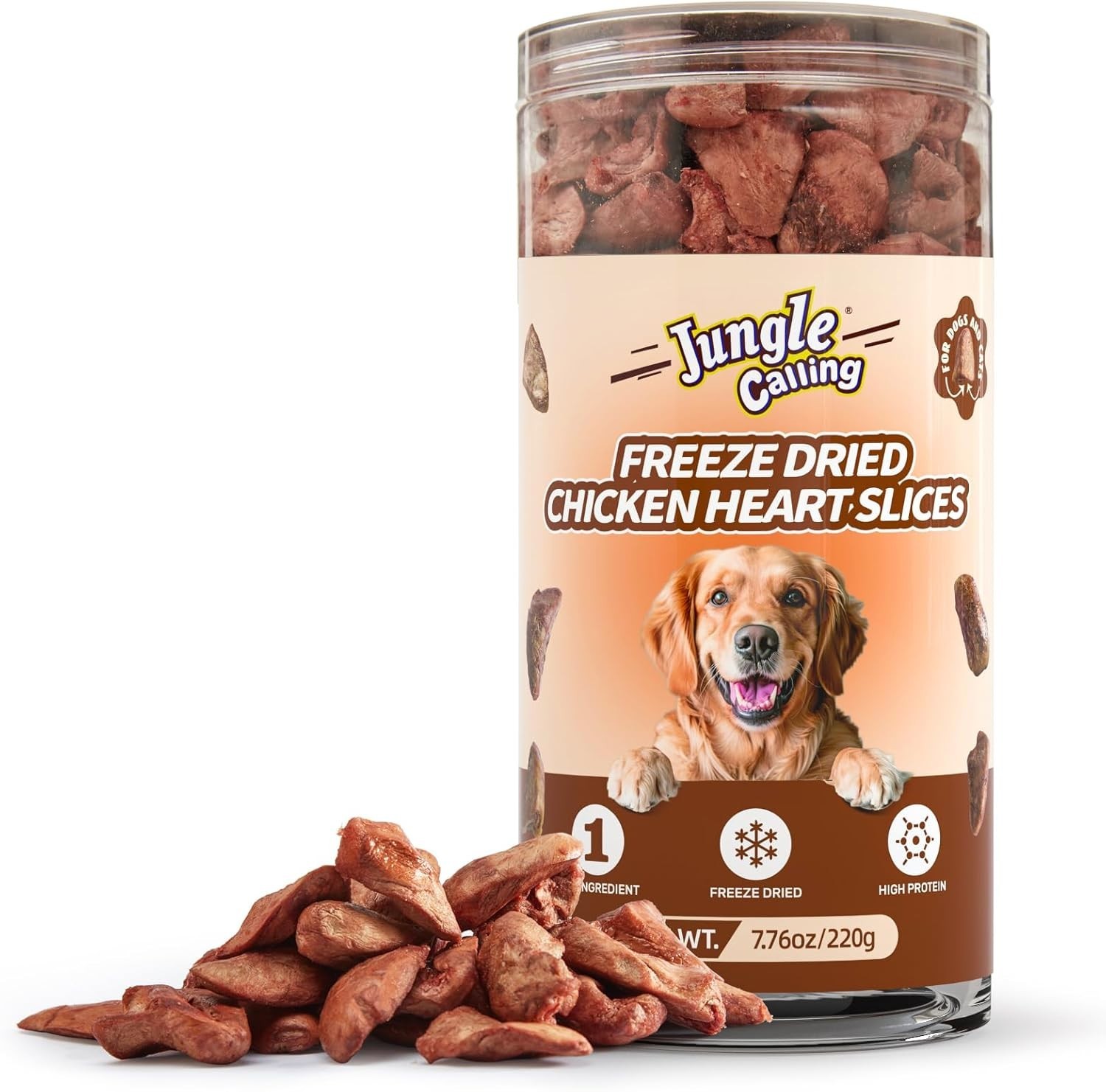Jungle Calling Cat Treats & Dog Snacks, Freeze Dried Chicken Hearts Halves for
