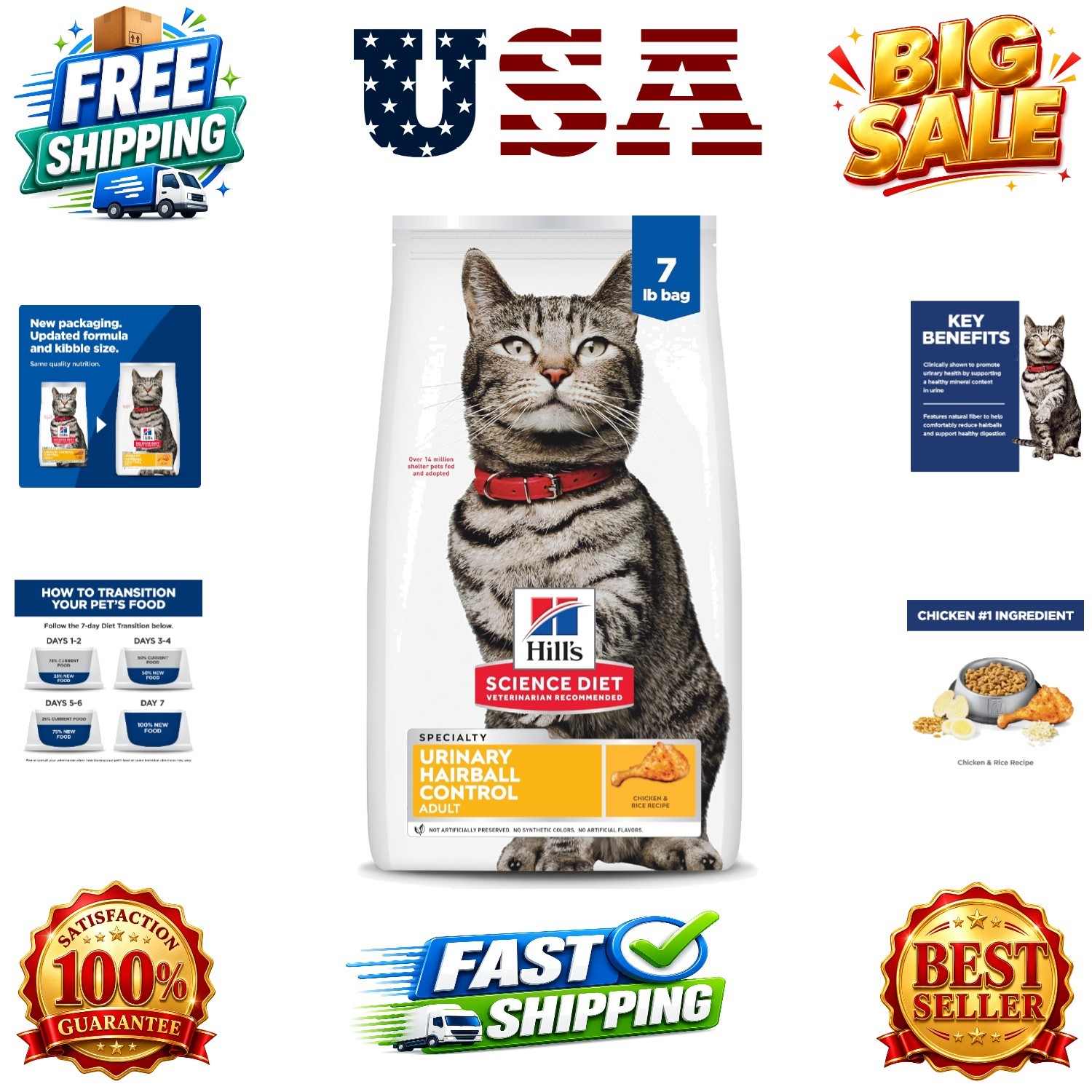 Adult Urinary & Hairball Control Dry Cat Food, Chicken, 7 lb. Bag