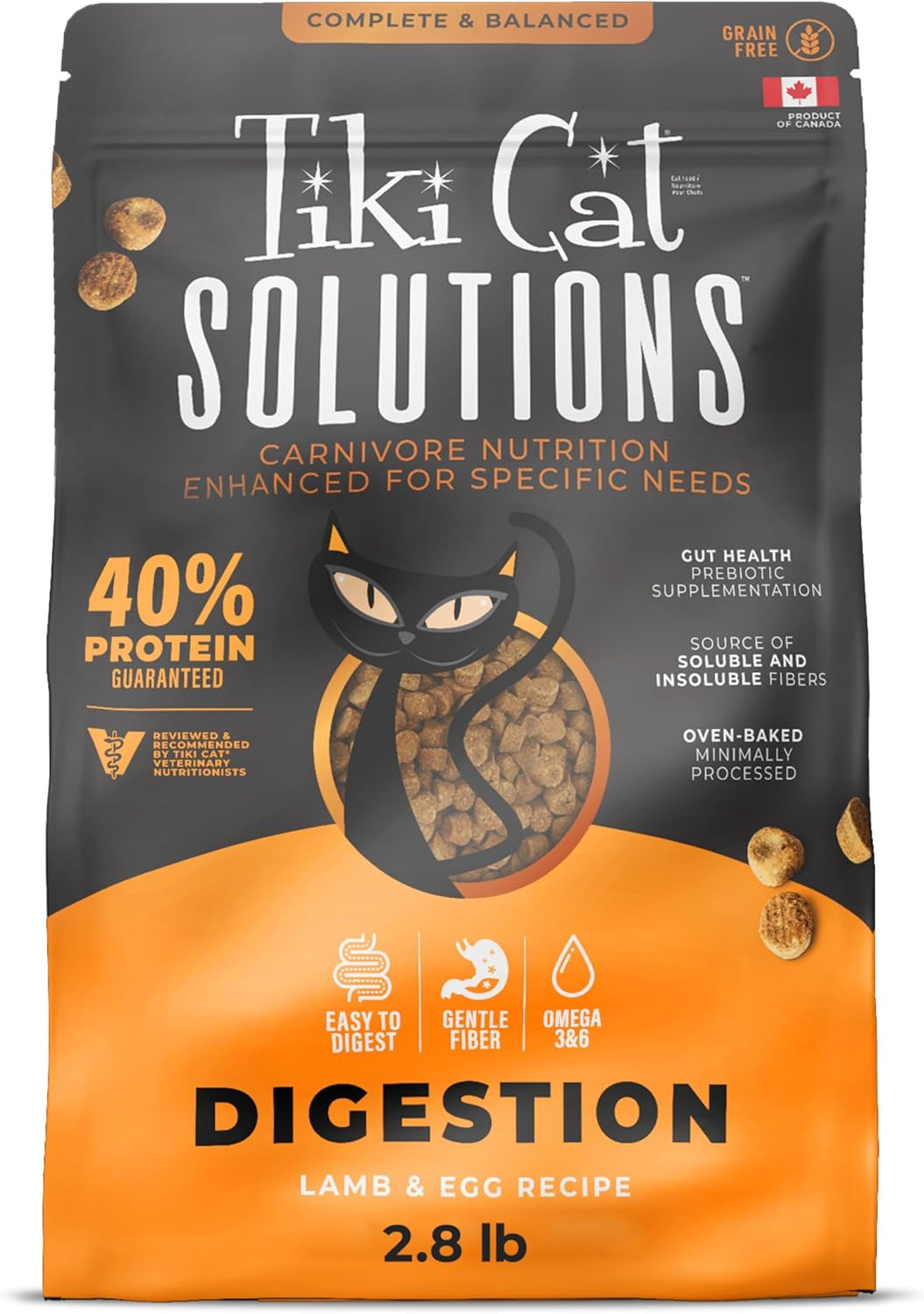 Tiki Cat Solutions Dry Cat Food, Digestion, Lamb & Egg, 2.8 lbs. Bag