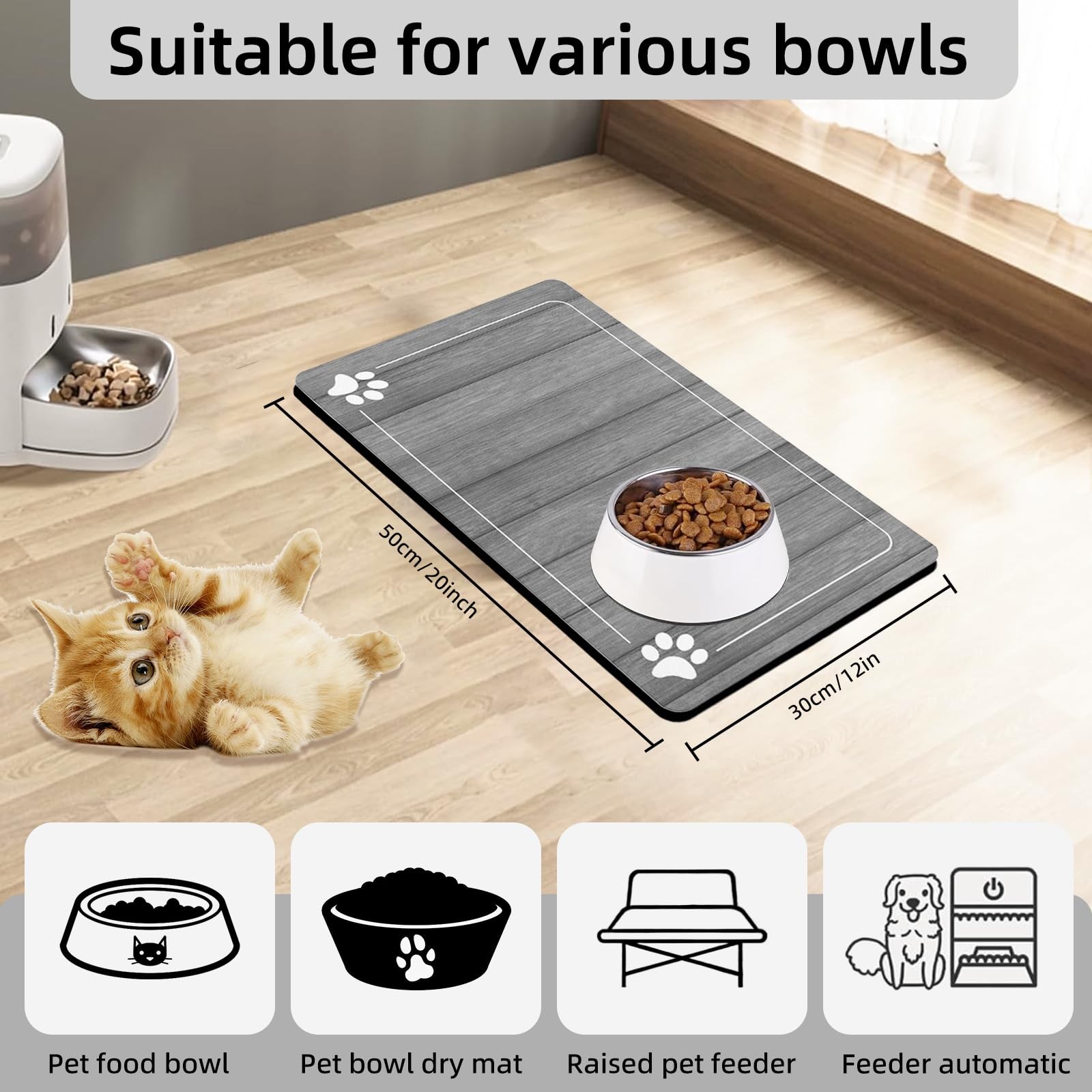 Food and Water Bowl Mat for Dog Cat, 20 x 12 inches 19.7″L x 11.8″W, Grey