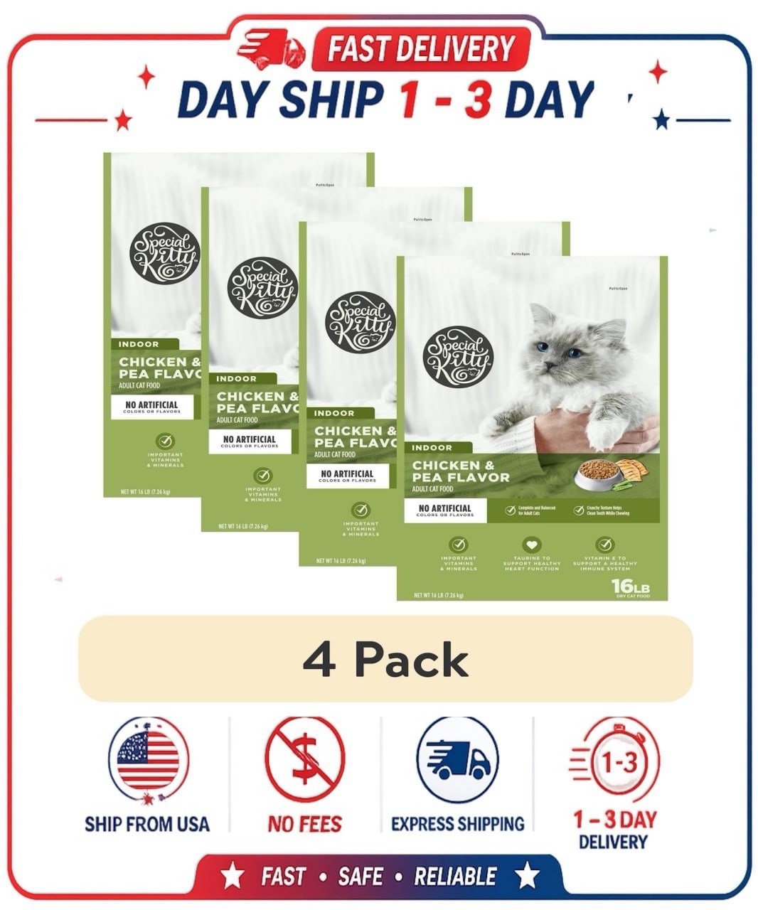 (4 pack) Special Kitty Indoor Formula Chicken & Pea Flavor Dry Cat Food, 16 lb
