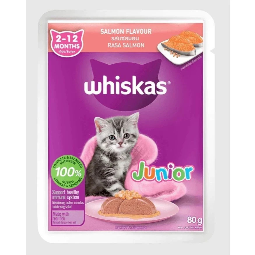 WHISKAS POUCH WET CAT FOOD FOR JUNIOR CATS– SALMON 80G (12 PACKS) –FREE SHIPPING