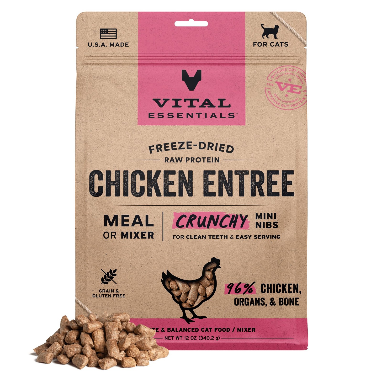 Freeze Dried Cat Food Raw Chicken Mini Nibs 12 oz – Complete Meal or Topper