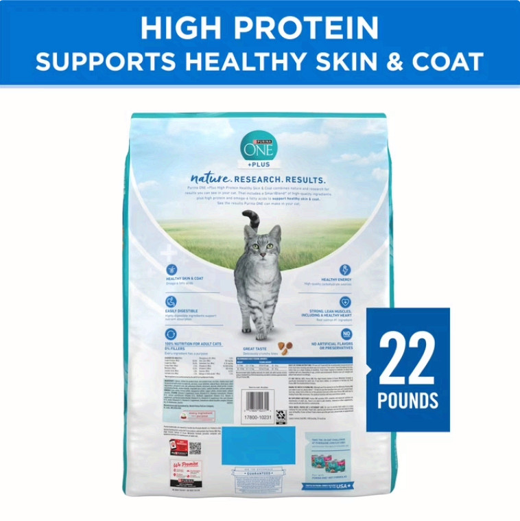 Purina ONE Natural Dry Cat Food Salmon&Ocean Whitefish Skin,Coat Health,22lb Bag