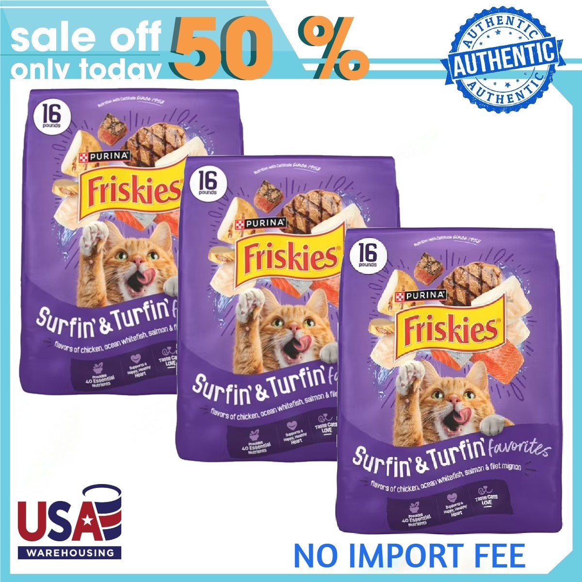 3Bag Purina Friskies Dry Cat Food for Adult Cats&Kittens,Surfin’ & Turfin’,16lb