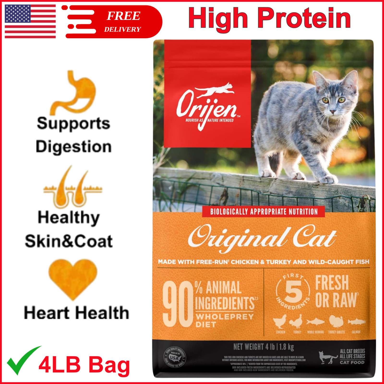 ORIJEN Original Cat Food, Grain-Free Dry Formula for All Life Stages 4lb Bag