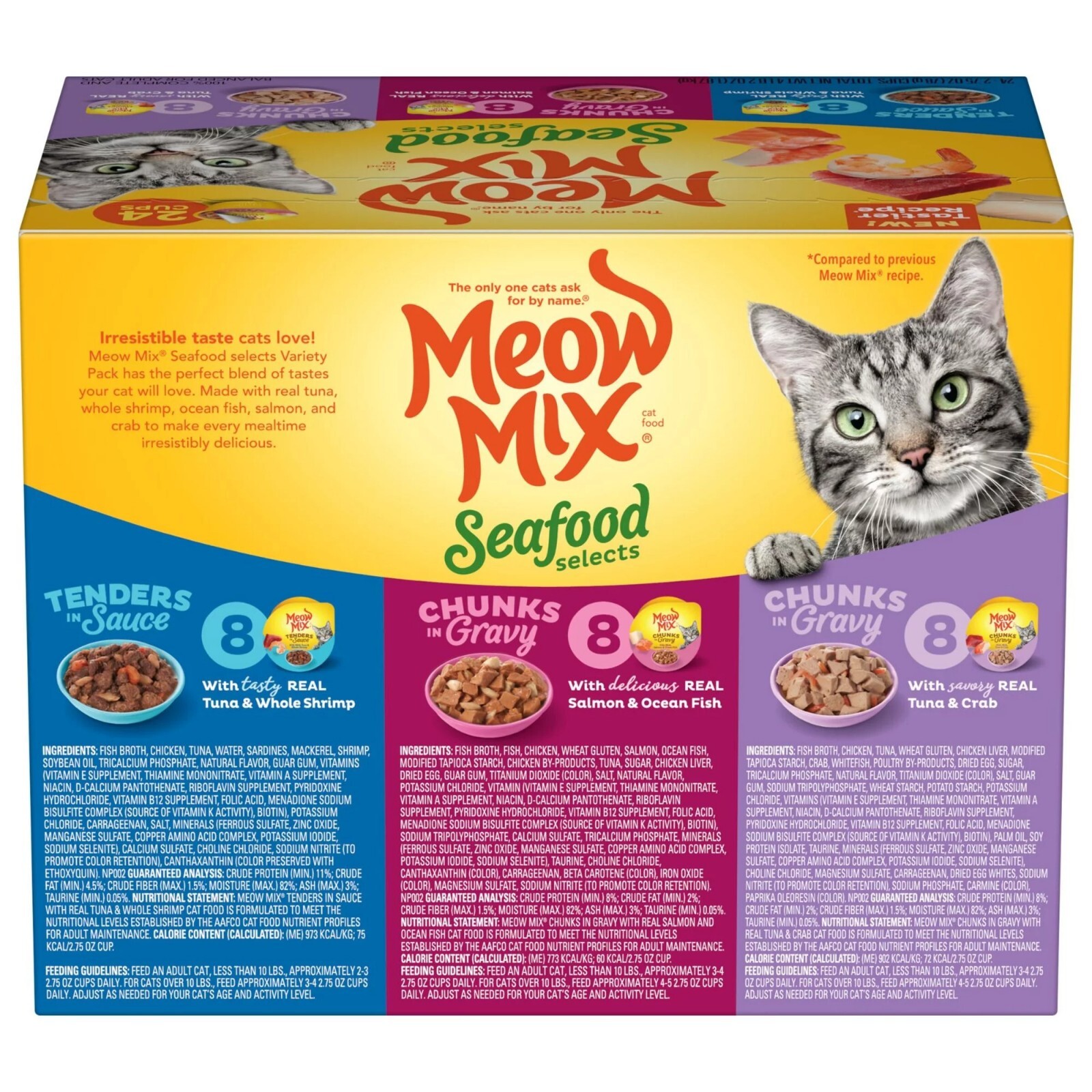 3 PACK x 24 Cups Meow Mix Seafood Selections Variety Pack Wet Cat Food