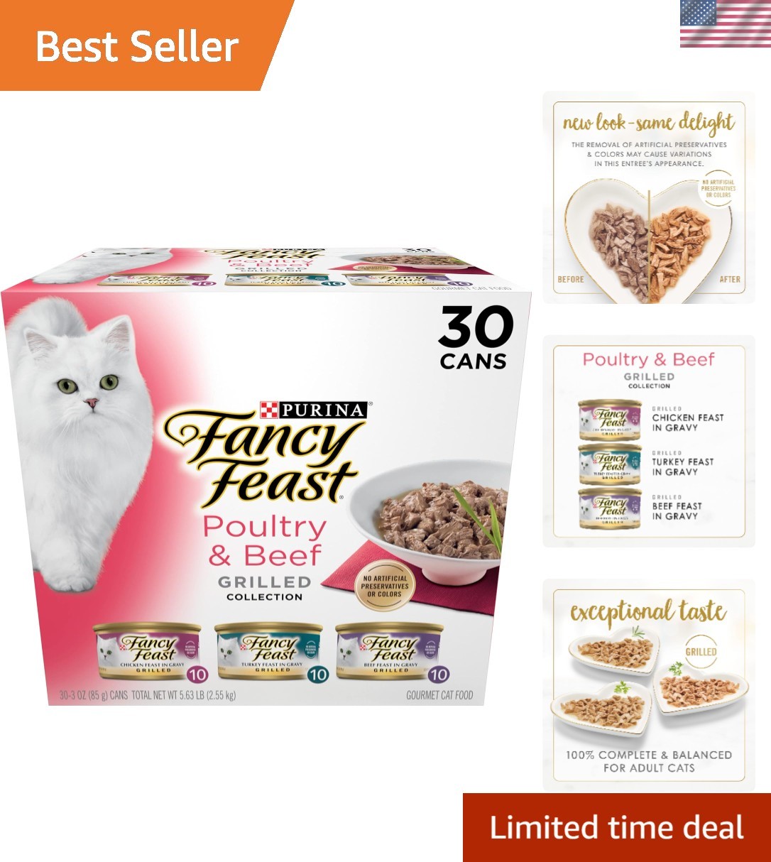 Purina Gourmet Grilled Wet Cat Food Variety Pack – 30 Cans of Poultry & Beef