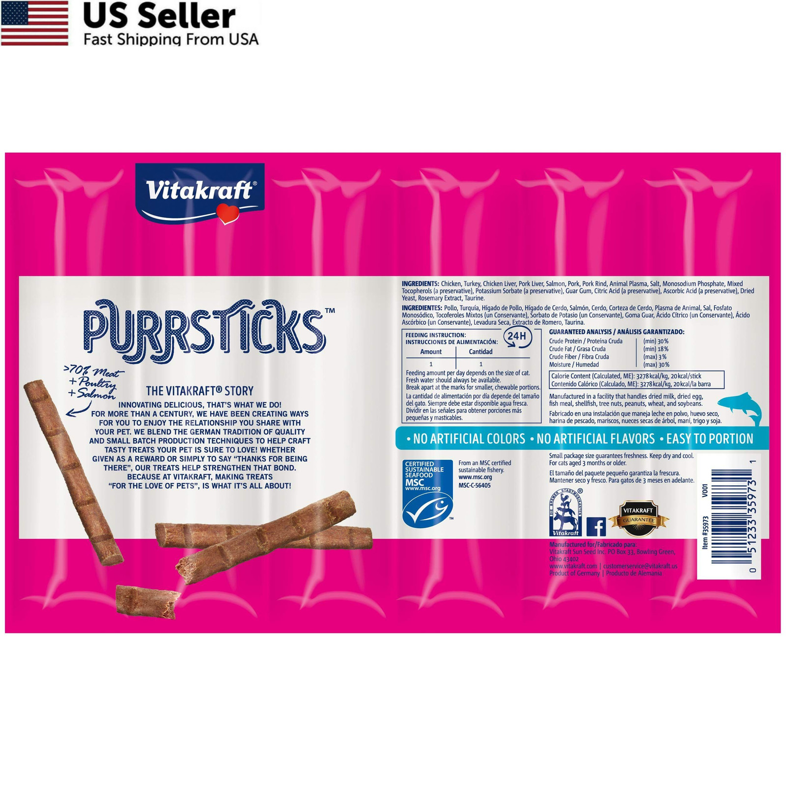 Vitakraft PurrSticks Chicken Salmon Cat Treats Over 70% Real Meat Indoor Stick