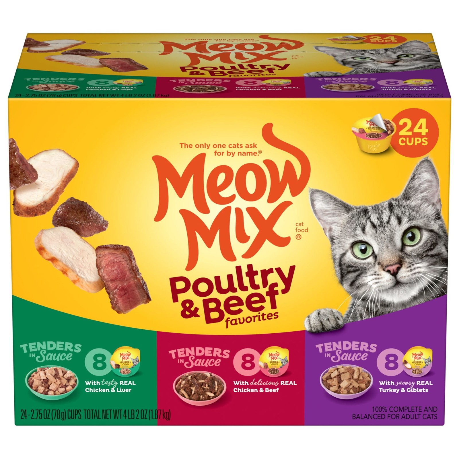 Meow Mix Tenders in Sauce Wet Cat Food Variety Pack,Poultry&Beef,24 Cups/2.75 oz