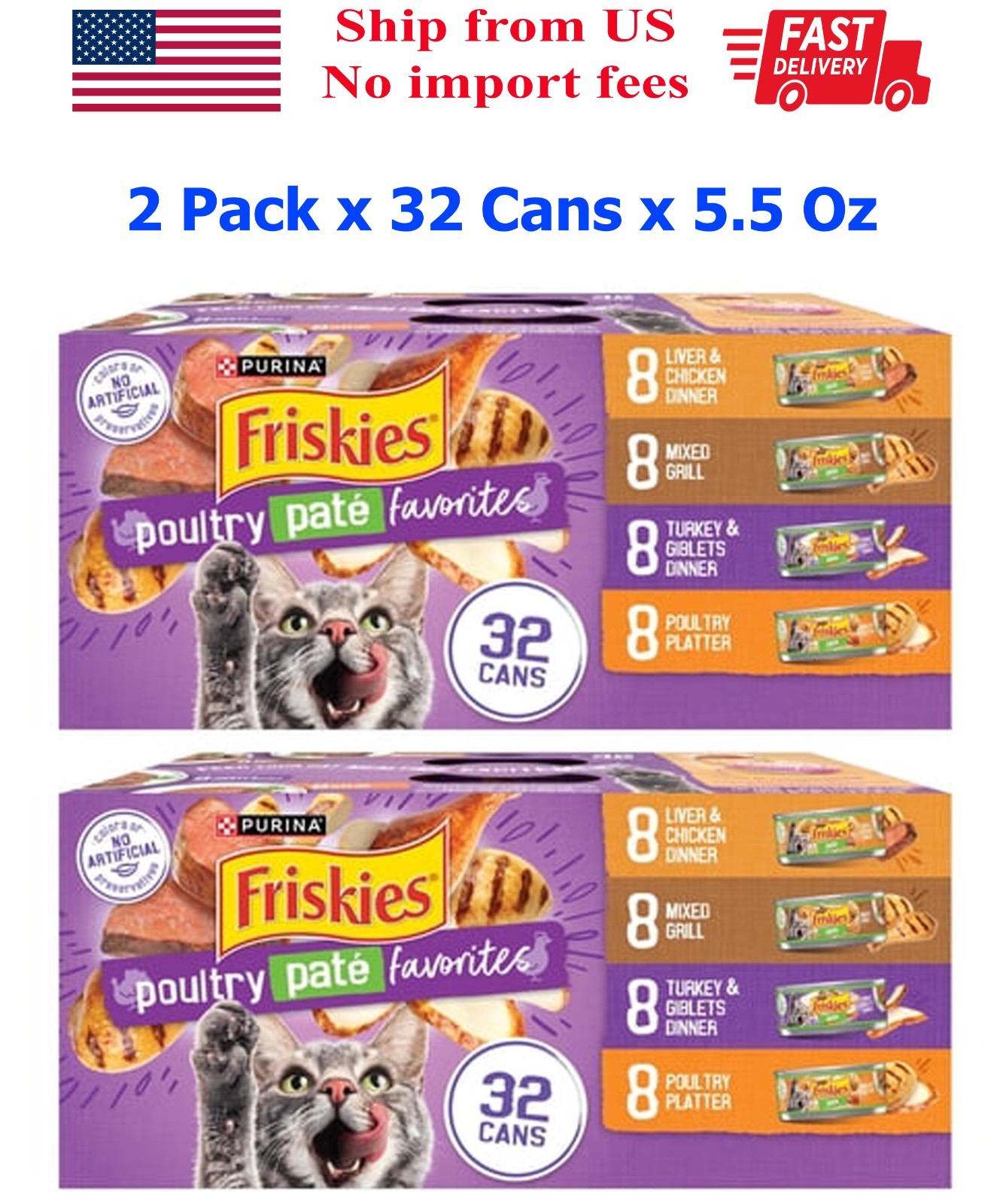 2 Pack Purina Friskies Pate Soft Poultry Variety Pack Wet Cat Food, 32Cans 5.5oz