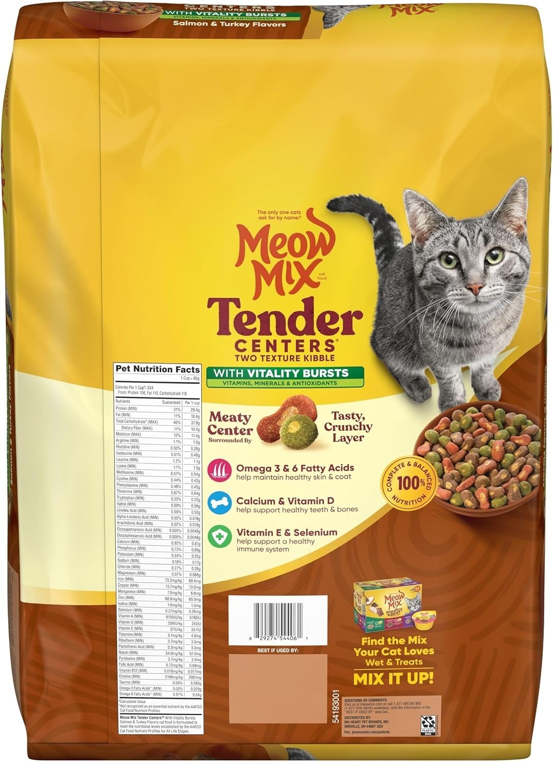 3PK Meow Mix Tender Centers Vitality Bursts, Salmon Turkey Dry Cat Food, 14.2 lb