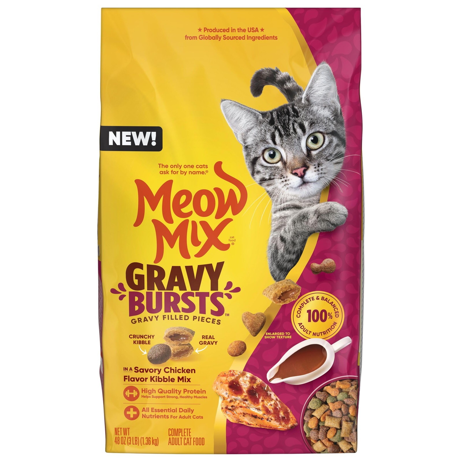 Meow Mix Gravy Bursts Dry Cat Food, Chicken, 3 LB Bag 3 Pound (Pack of 1)