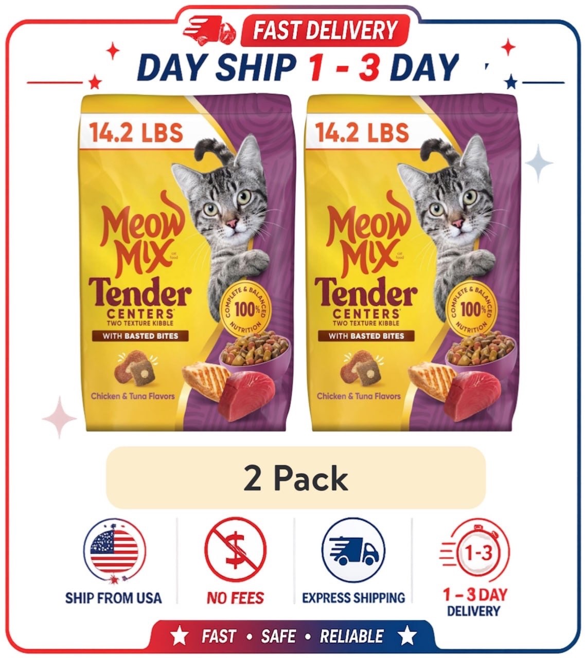 (2 pack) Meow Mix Tender Centers Dry Cat Food, Chicken & Tuna Flavors 14.2lb Bag