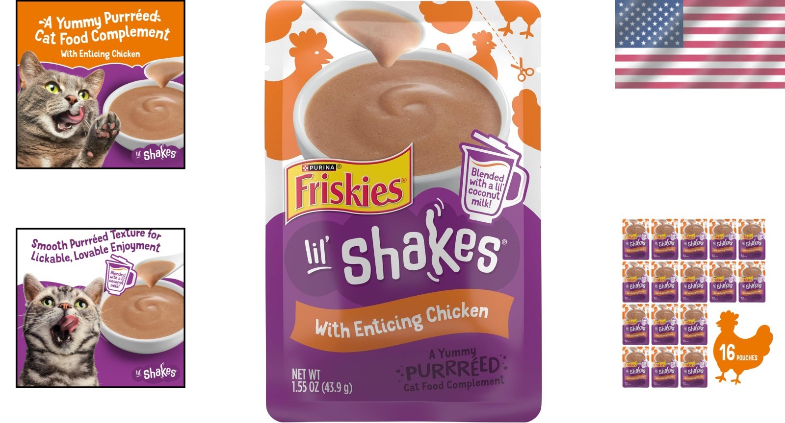 Lil’ Shakes Chicken Cat Treats – Pack of 16 Lickable Pouches for All Breeds