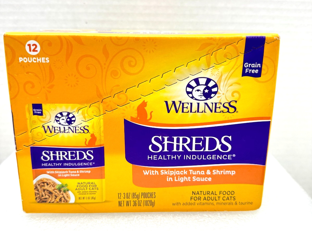 12/3oz Pouch Wellness Health Indulgence SHREDS Tuna & Shrimp Grain Free Cat Food