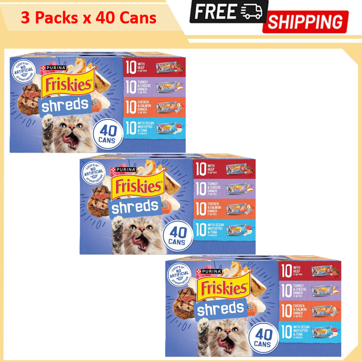 3 packs – Friskies Shreds Adult Cat Wet Food – Variety Pack, 40 cans, 5.5 Oz