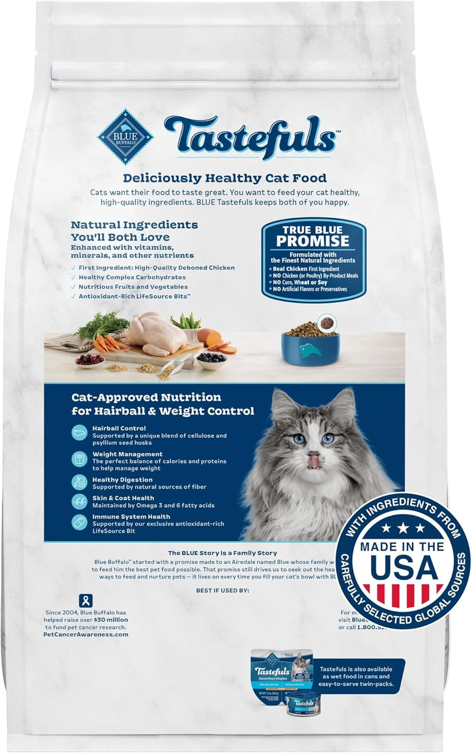 Tastefuls Adult Dry Cat Food for Weight Management & Hairball Control, Made in t