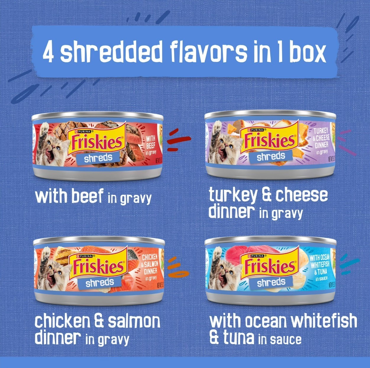 Purina Friskies Shreds Variety Pack Wet Cat Food Gravy 80 Cans 5.5 oz